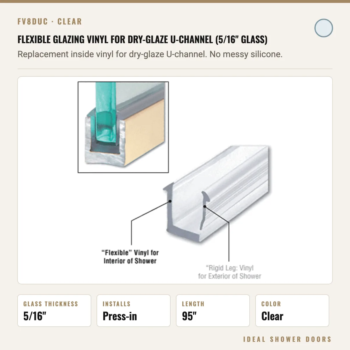 CRL FV8DUC Flexible Glazing Vinyl for Dry-Glaze U-Channel (5/16" Glass) drawing