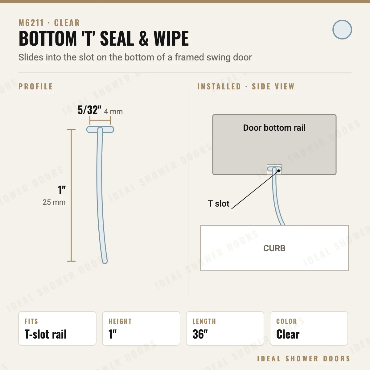 CRL M6211 Bottom 'T' Seal & Wipe, 1" drawing
