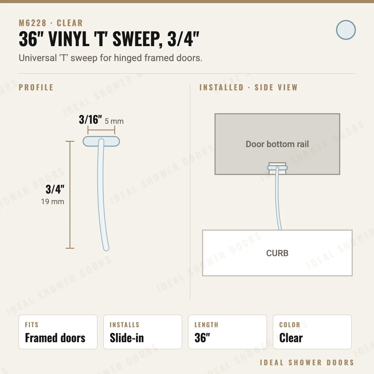 CRL M6228 36" Vinyl 'T' Sweep, 3/4" drawing