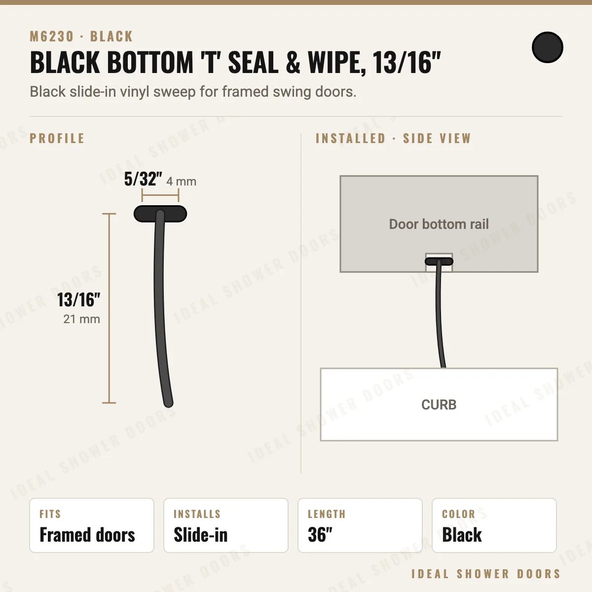 CRL M6230 Black Bottom 'T' Seal & Wipe, 13/16" drawing