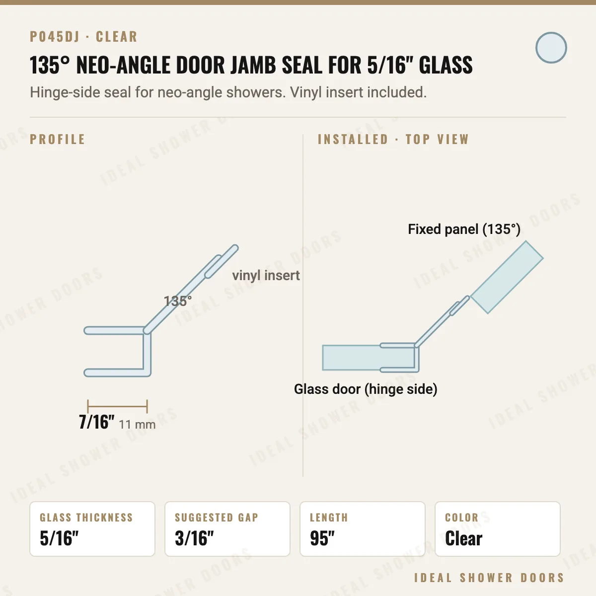 CRL P045DJ 135° Neo-Angle Door Jamb Seal for 5/16" Glass drawing