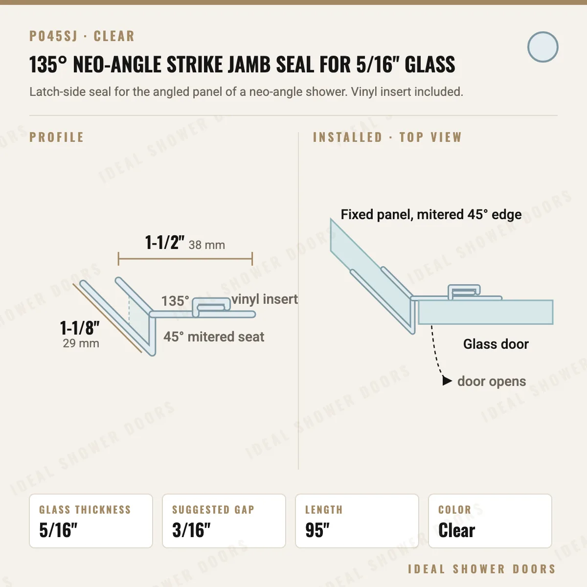CRL P045SJ 135° Neo-Angle Strike Jamb Seal for 5/16" Glass drawing