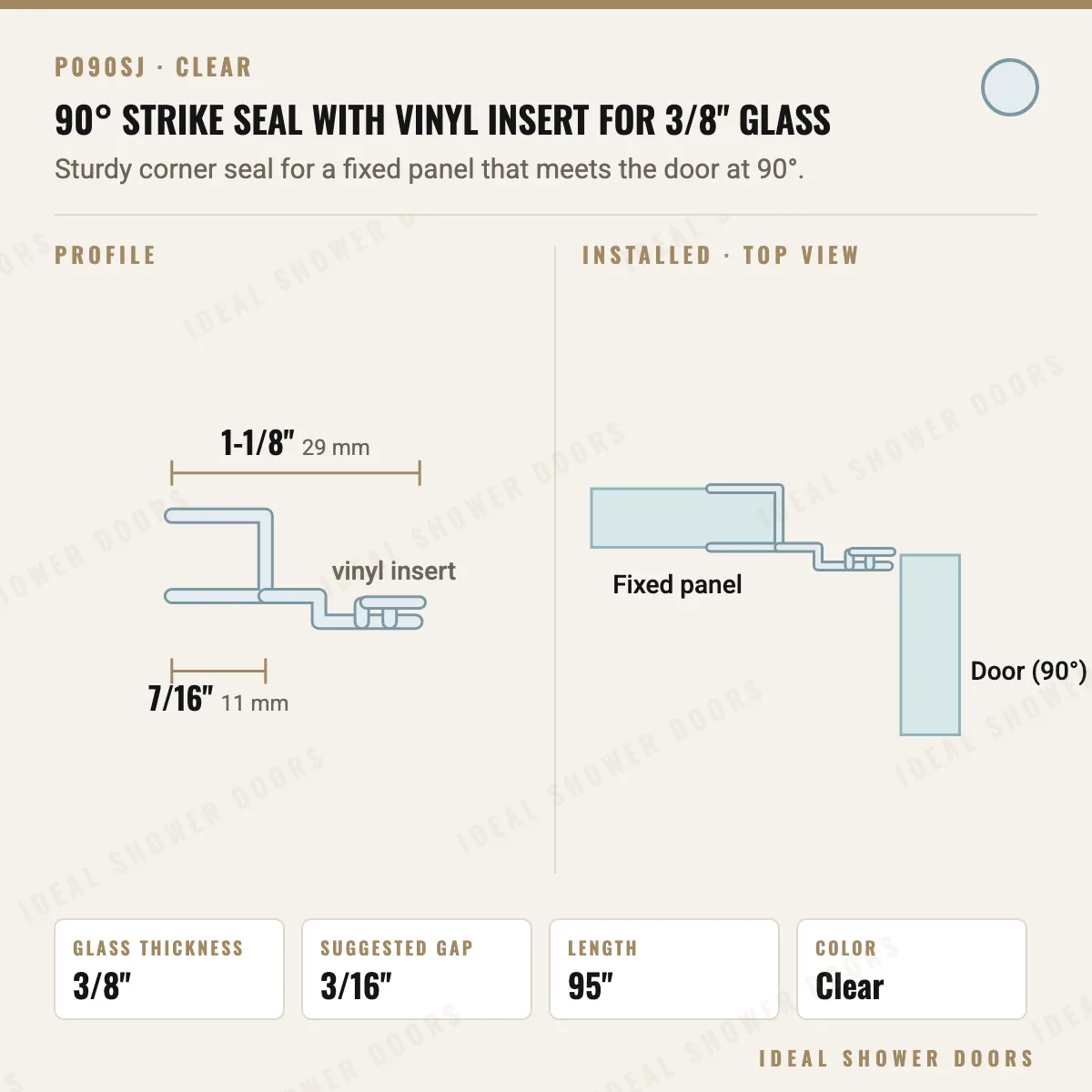 CRL P090SJ 90° Strike Seal with Vinyl Insert for 3/8" Glass drawing