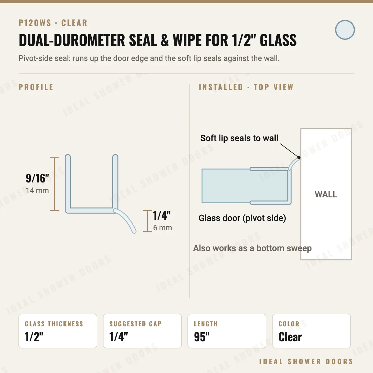 CRL P120WS Dual-Durometer Seal & Wipe for 1/2" Glass drawing