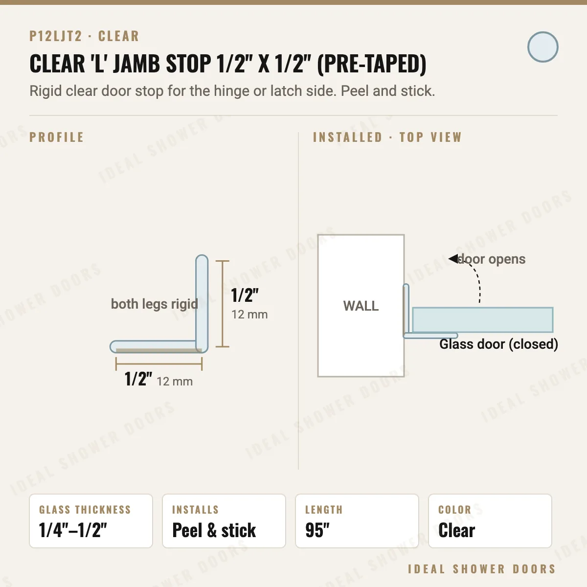 CRL P12LJT2 Clear 'L' Jamb Stop 1/2" x 1/2" (Pre-Taped)