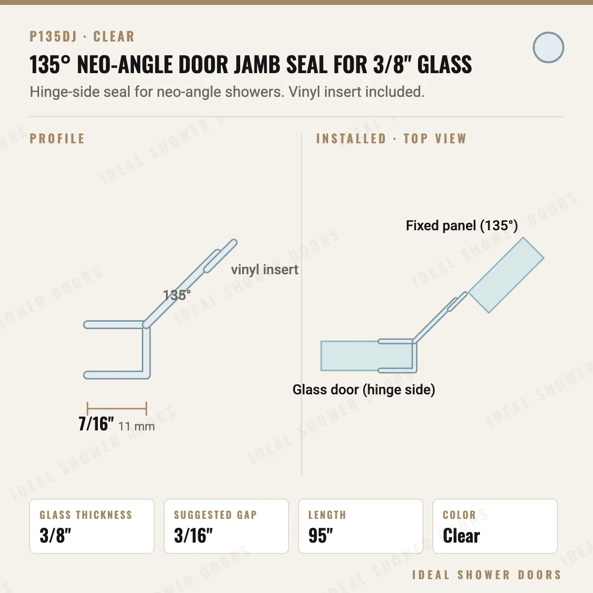 CRL P135DJ 135° Neo-Angle Door Jamb Seal for 3/8" Glass drawing