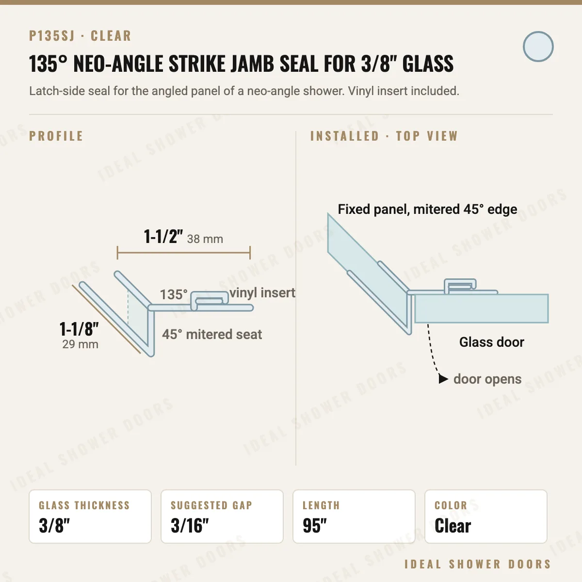 CRL P135SJ 135° Neo-Angle Strike Jamb Seal for 3/8" Glass drawing