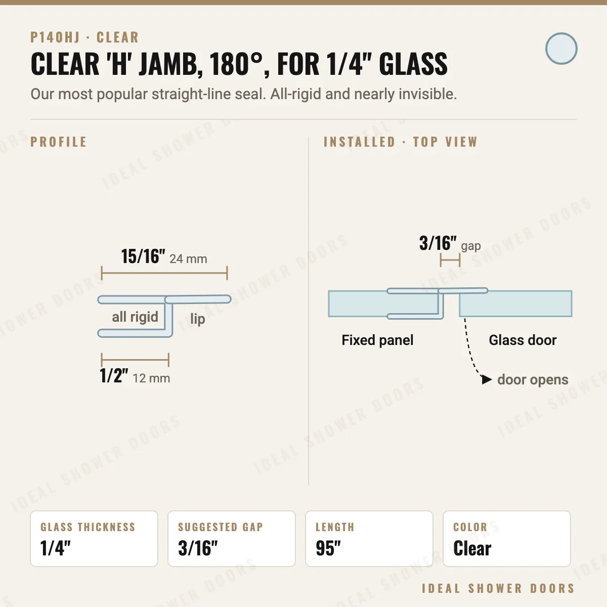 CRL P140HJ Clear 'H' Jamb, 180°, for 1/4" Glass drawing