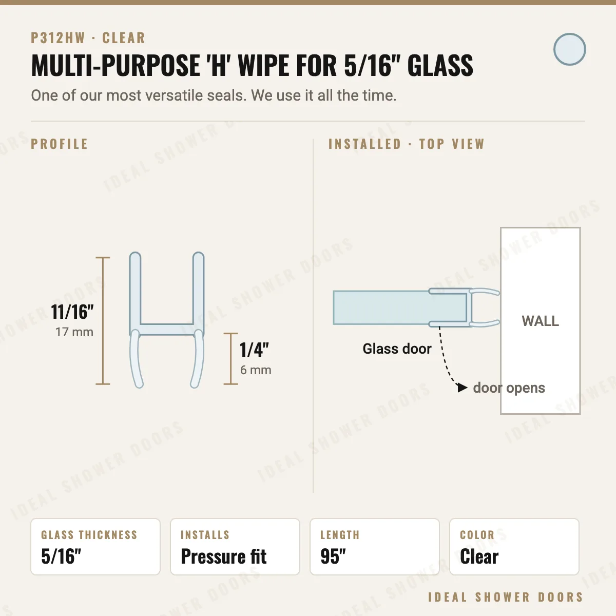 CRL P312HW Multi-Purpose 'H' Wipe for 5/16" Glass drawing