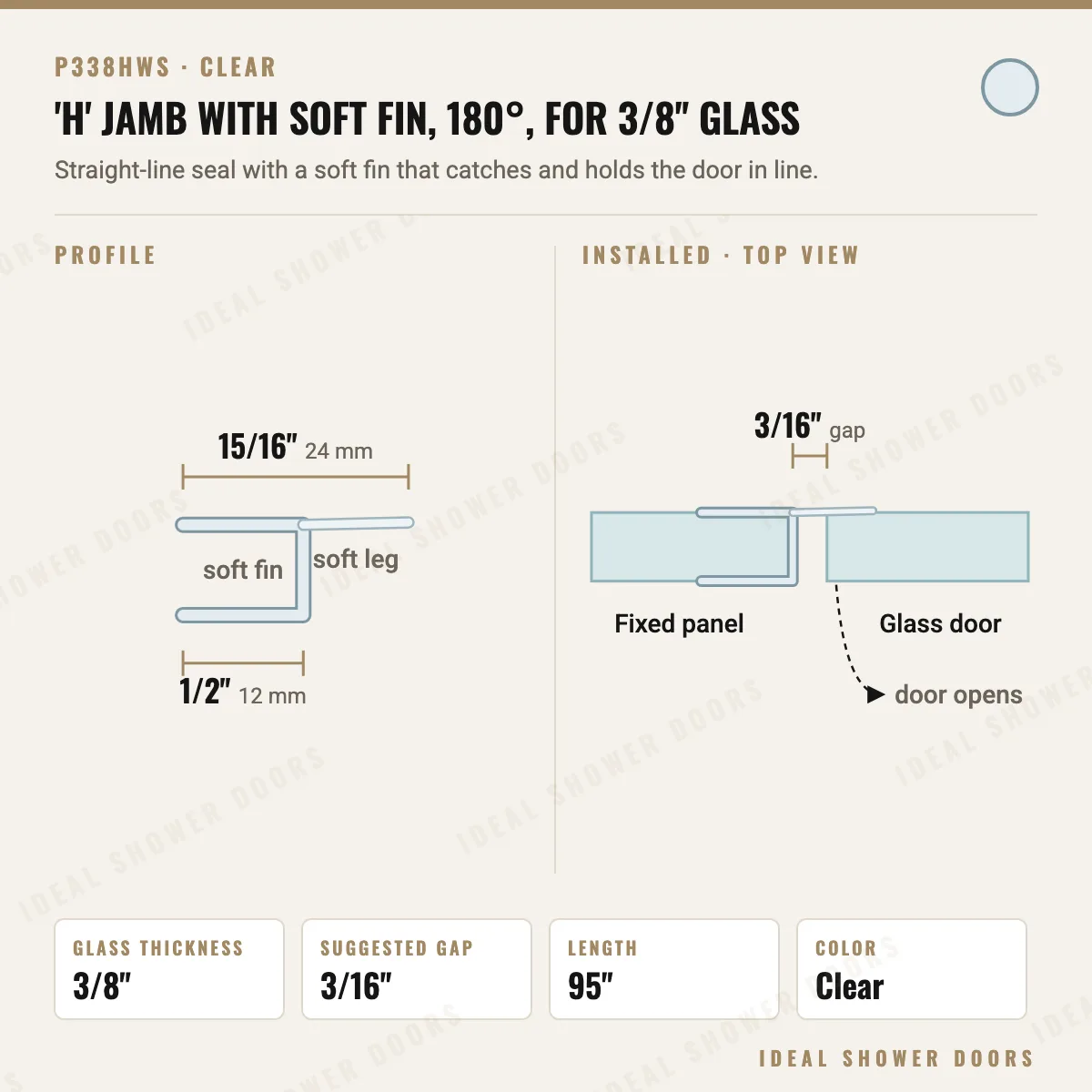 CRL P338HWS 'H' Jamb with Soft Fin, 180°, for 3/8" Glass drawing