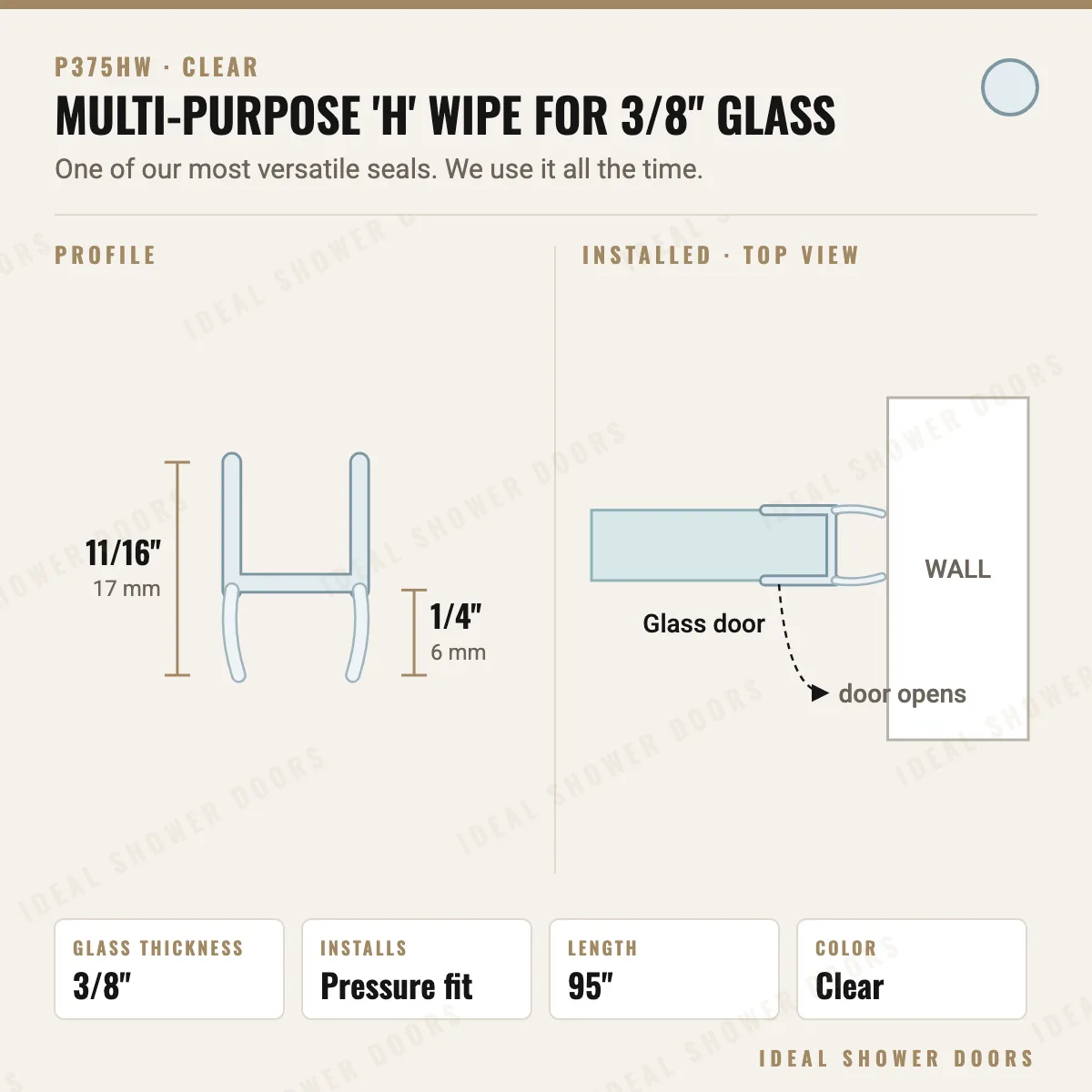 CRL P375HW Multi-Purpose 'H' Wipe for 3/8" Glass drawing