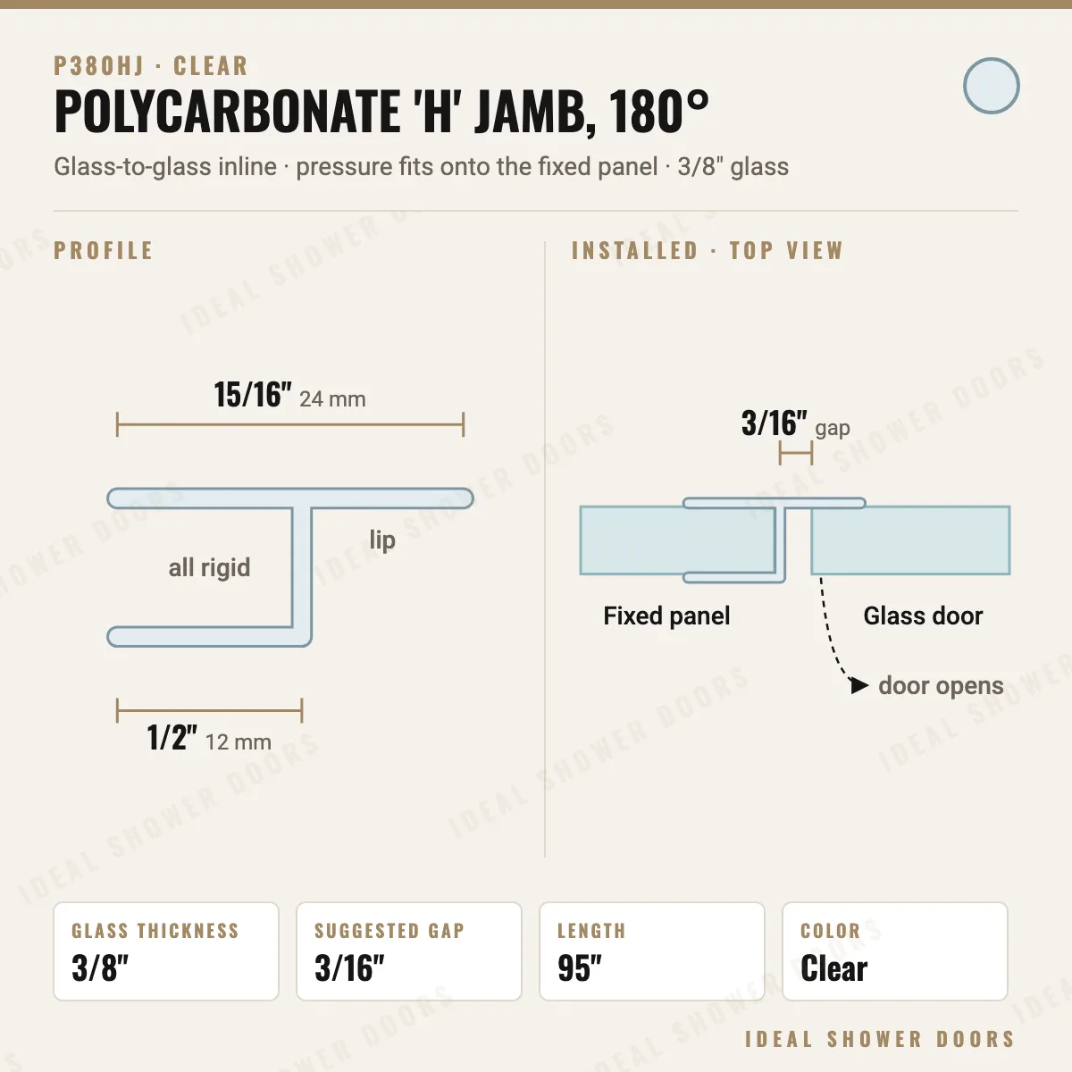 CRL P380HJ Clear 'H' Jamb, 180°, for 3/8" Glass drawing
