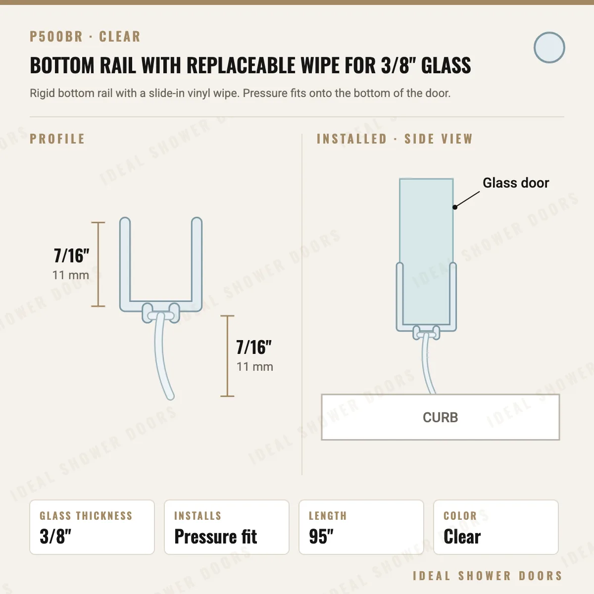 CRL P500BR Bottom Rail with Replaceable Wipe for 3/8" Glass drawing