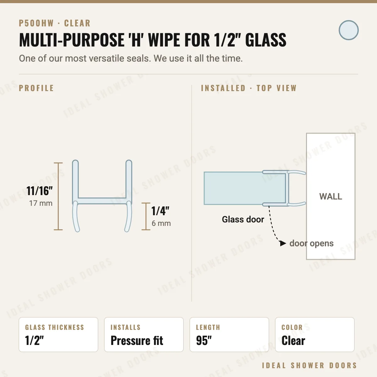 CRL P500HW Multi-Purpose 'H' Wipe for 1/2" Glass drawing