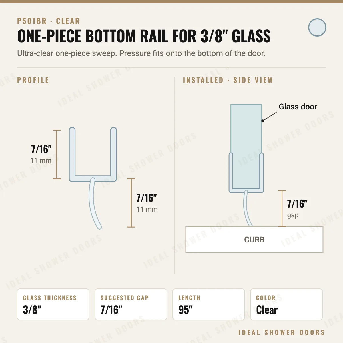 CRL P501BR One-Piece Bottom Rail for 3/8" Glass drawing