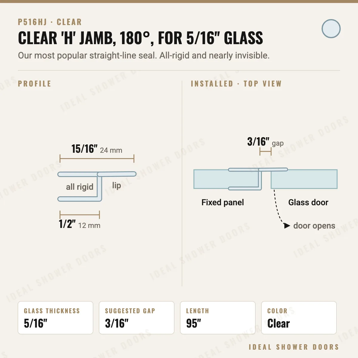CRL P516HJ Clear 'H' Jamb, 180°, for 5/16" Glass drawing