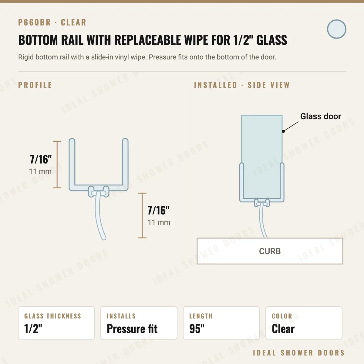 CRL P660BR Bottom Rail with Replaceable Wipe for 1/2" Glass drawing