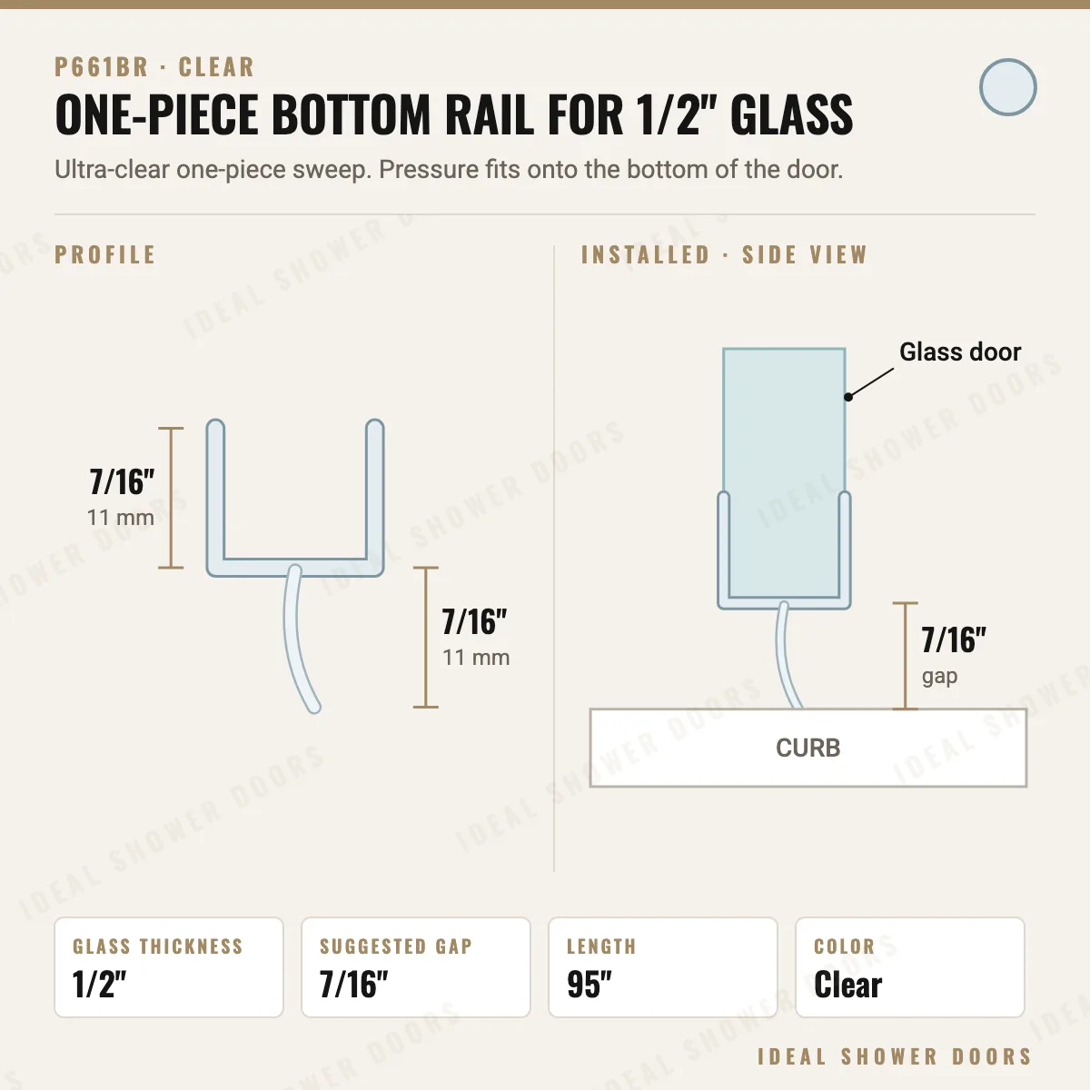 CRL P661BR One-Piece Bottom Rail for 1/2" Glass drawing