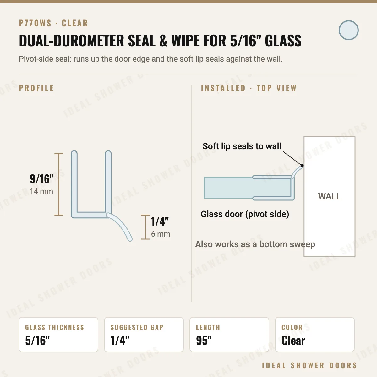CRL P770WS Dual-Durometer Seal & Wipe for 5/16" Glass drawing