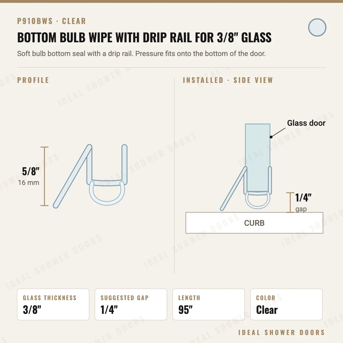 CRL P910BWS Bottom Bulb Wipe with Drip Rail for 3/8" Glass drawing