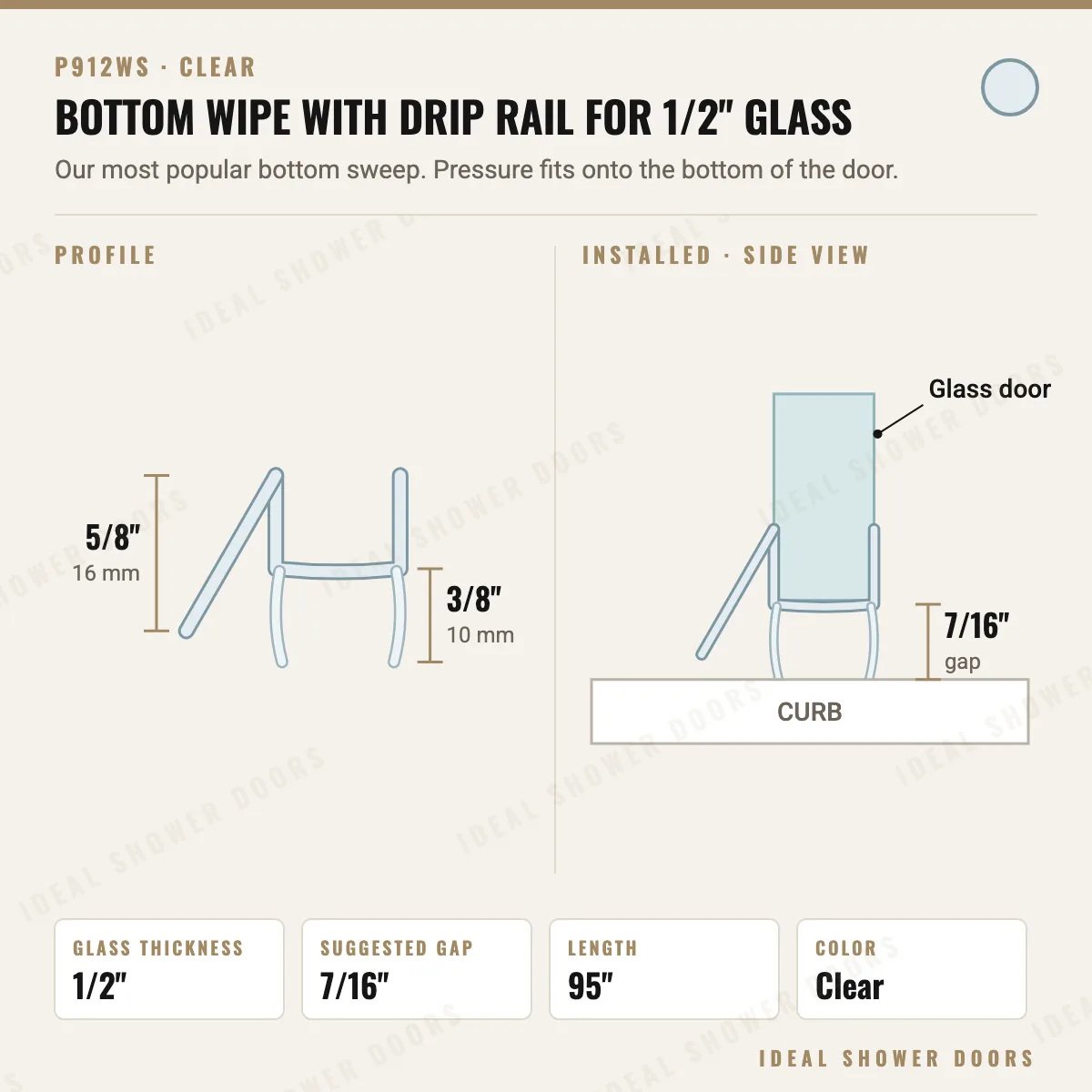 CRL P912WS Bottom Wipe with Drip Rail for 1/2" Glass drawing