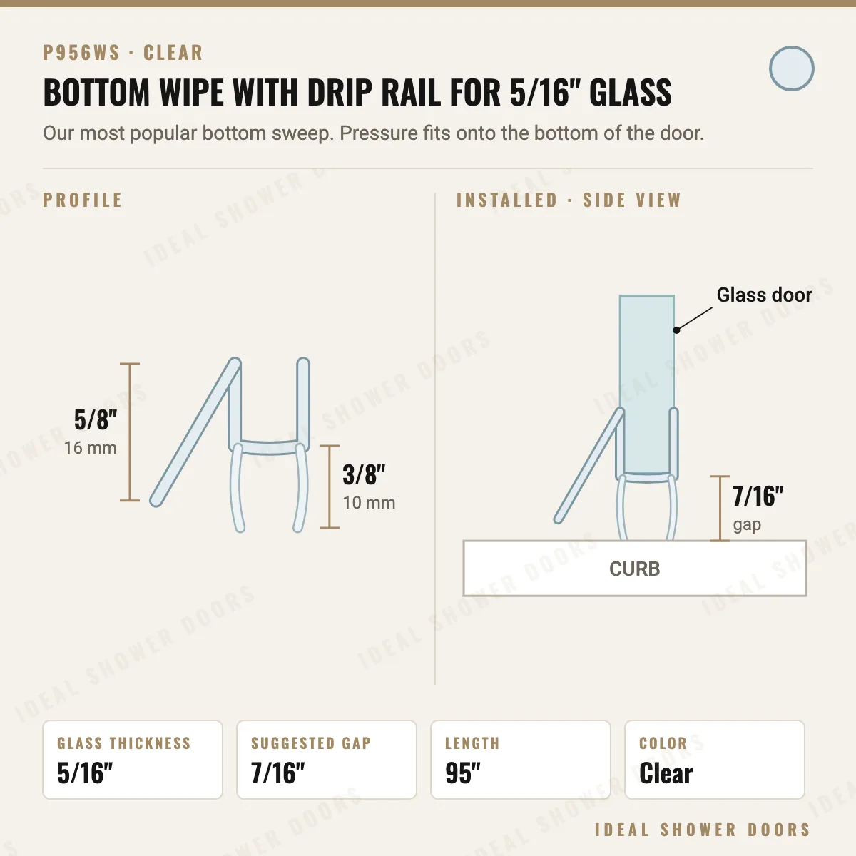 CRL P956WS Bottom Wipe with Drip Rail for 5/16" Glass drawing