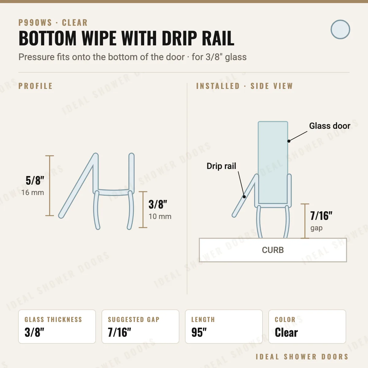 CRL P990WS Bottom Wipe with Drip Rail for 3/8" Glass drawing