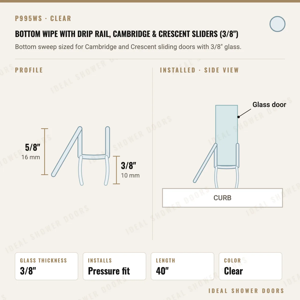 CRL P995WS Bottom Wipe with Drip Rail, Cambridge & Crescent Sliders (3/8") drawing