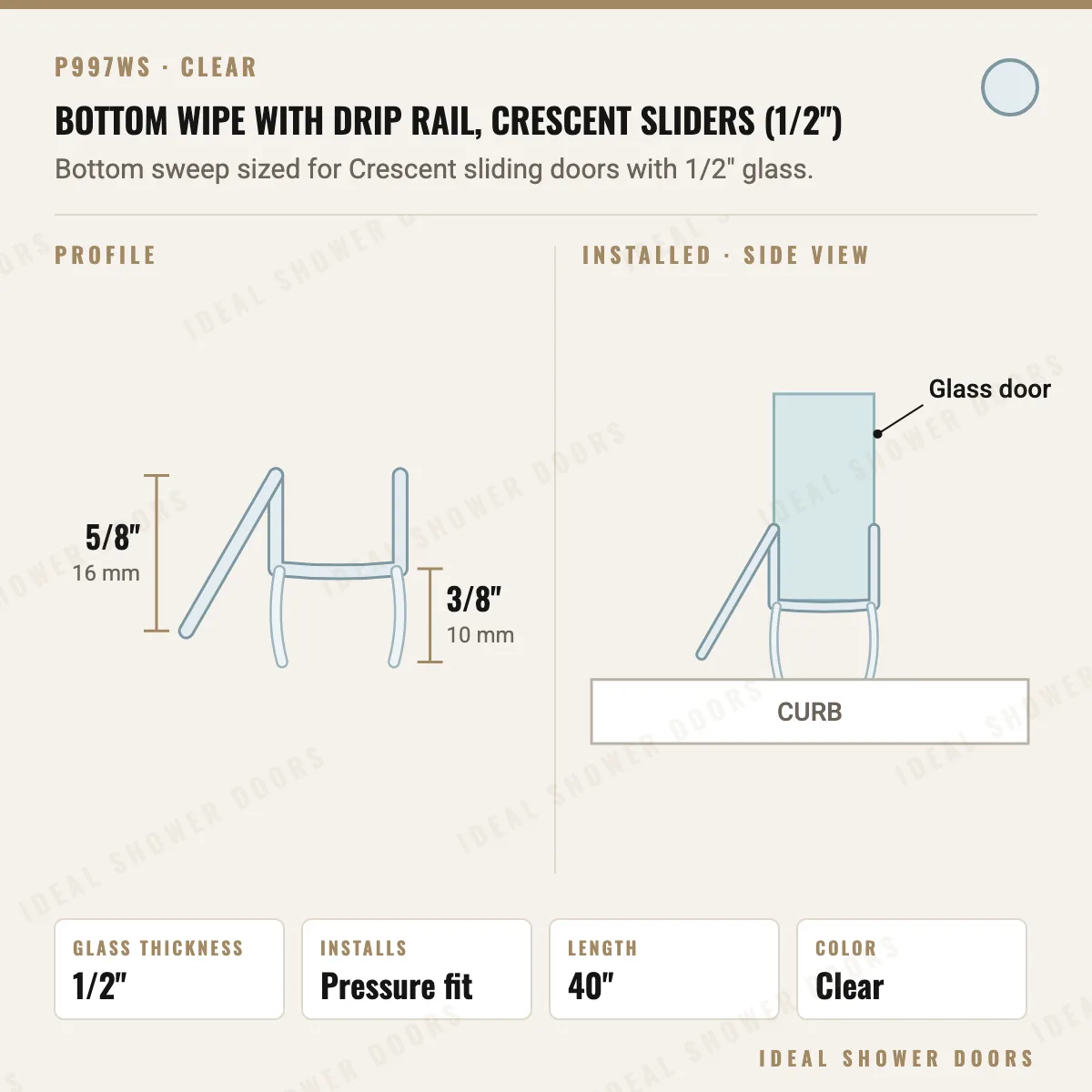 CRL P997WS Bottom Wipe with Drip Rail, Crescent Sliders (1/2") drawing