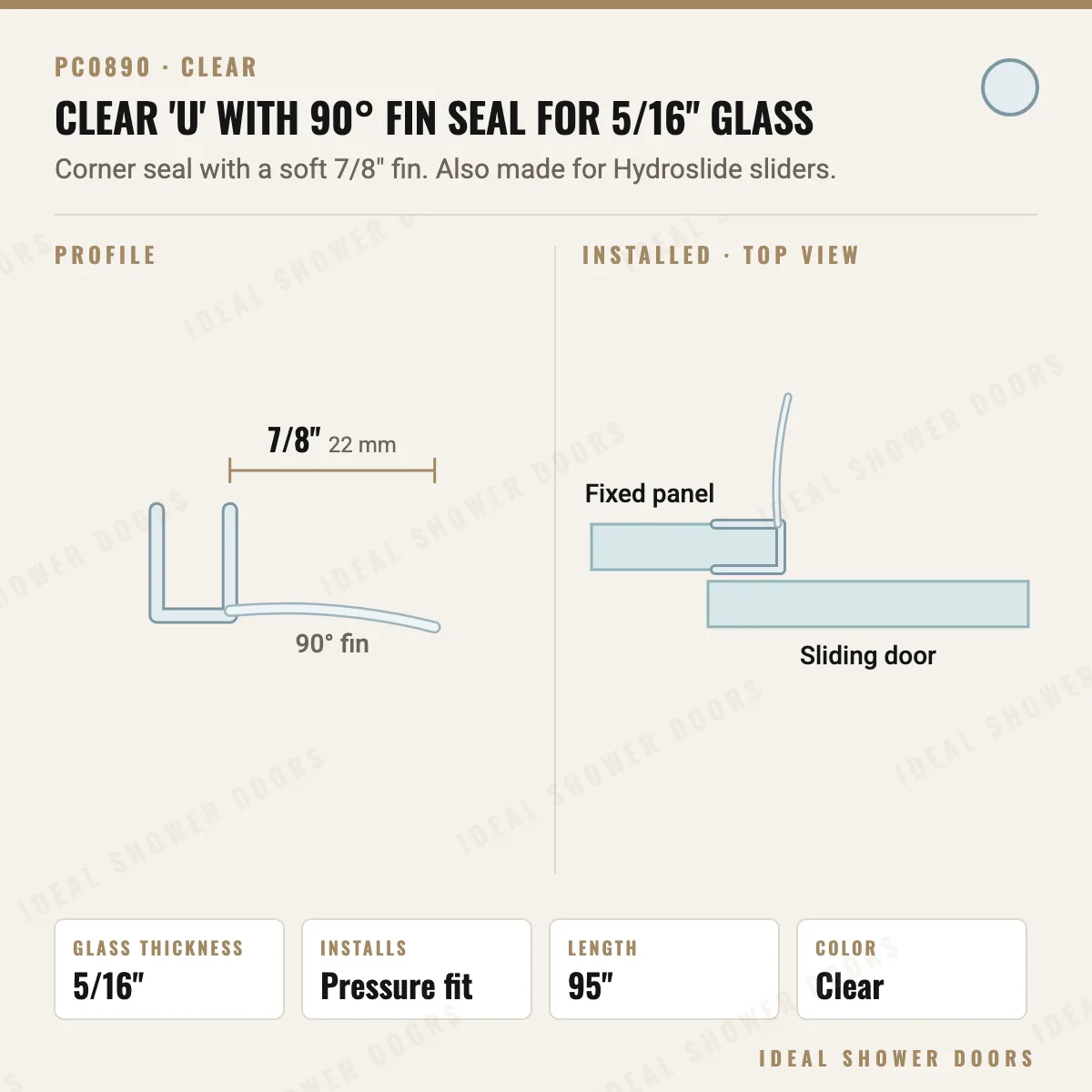 CRL PC0890 Clear 'U' with 90° Fin Seal for 5/16" Glass drawing