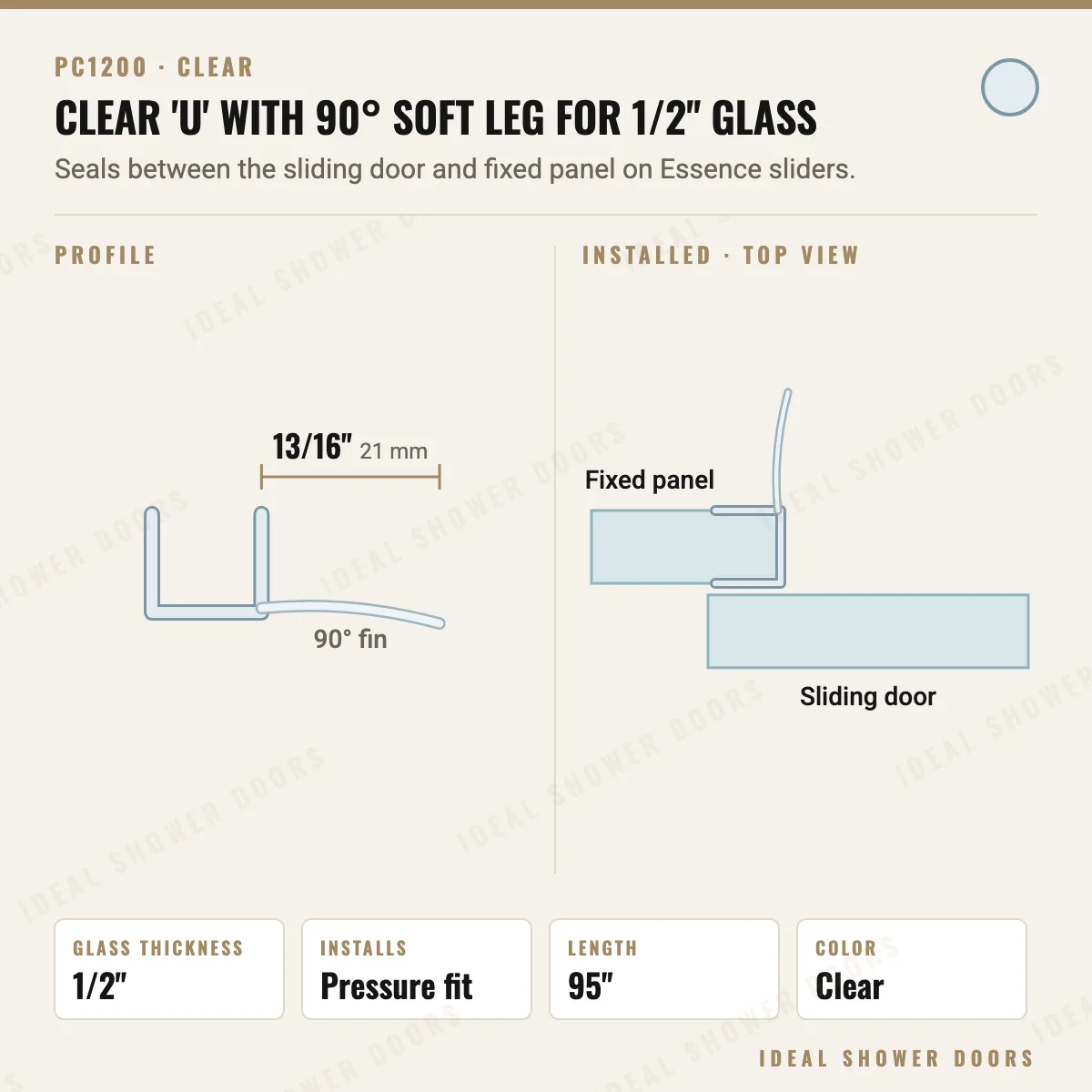 CRL PC1200 Clear 'U' with 90° Soft Leg for 1/2" Glass drawing