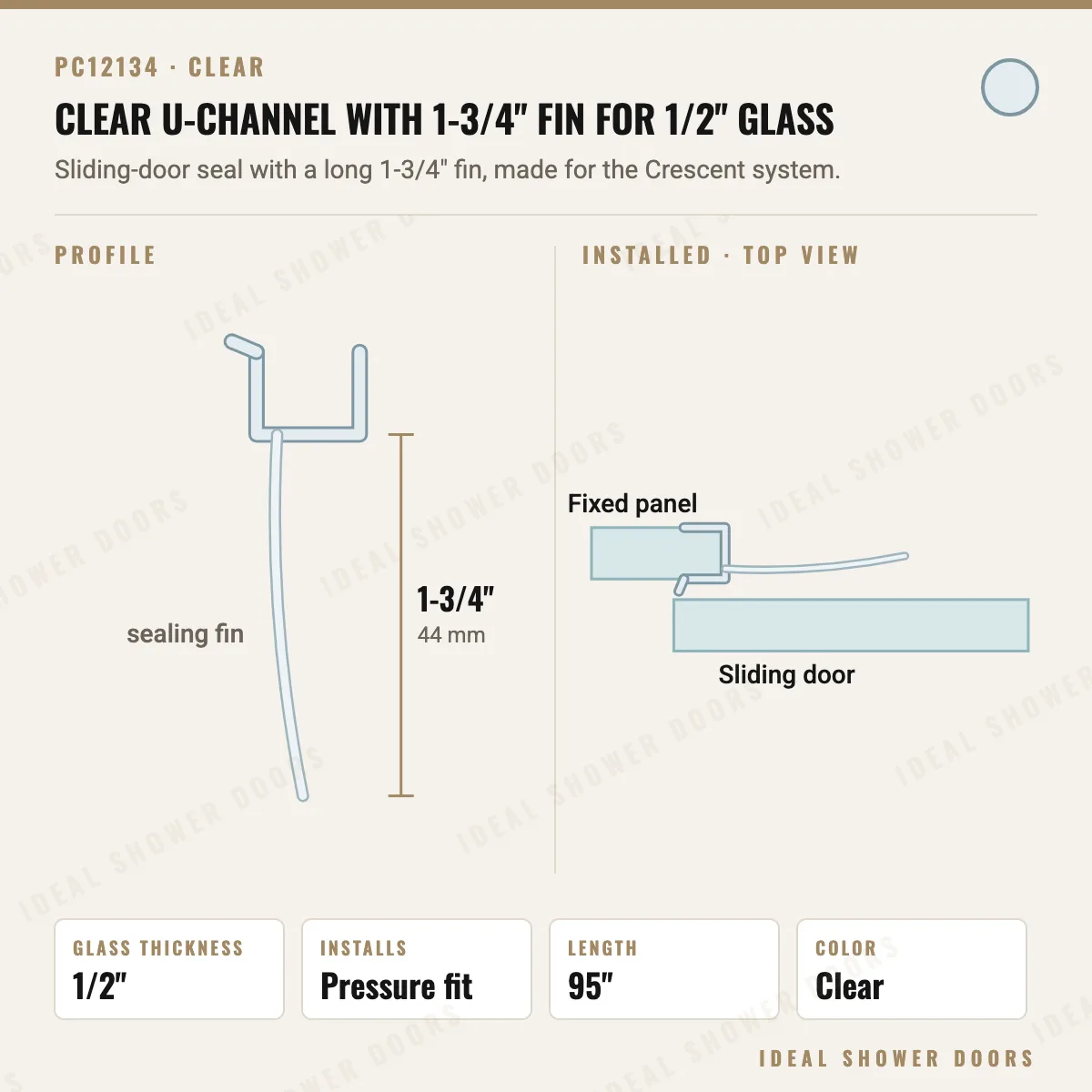 CRL PC12134 Clear U-Channel with 1-3/4" Fin for 1/2" Glass drawing