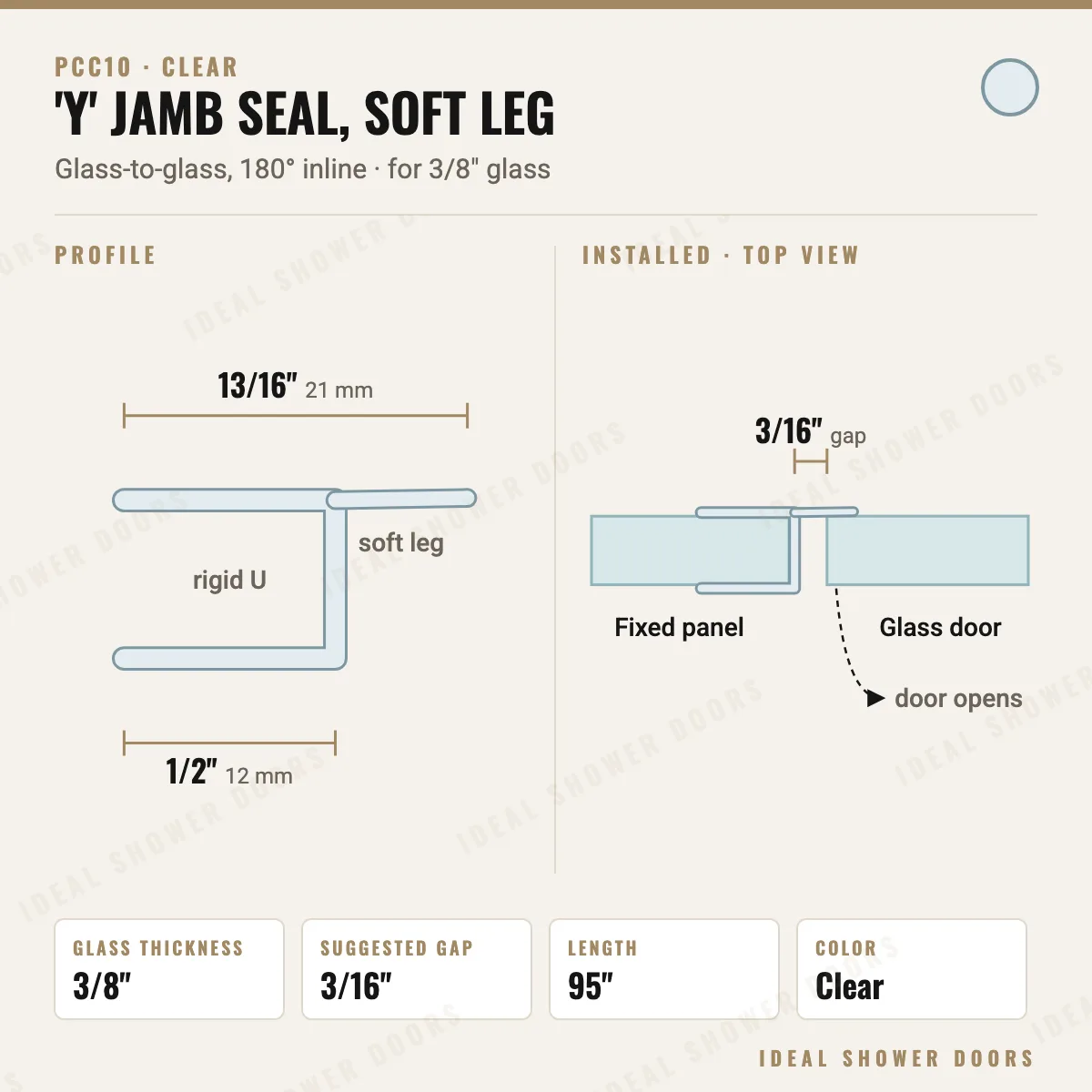 CRL PCC10 'Y' Jamb with Soft Leg, 180°, for 3/8" Glass drawing