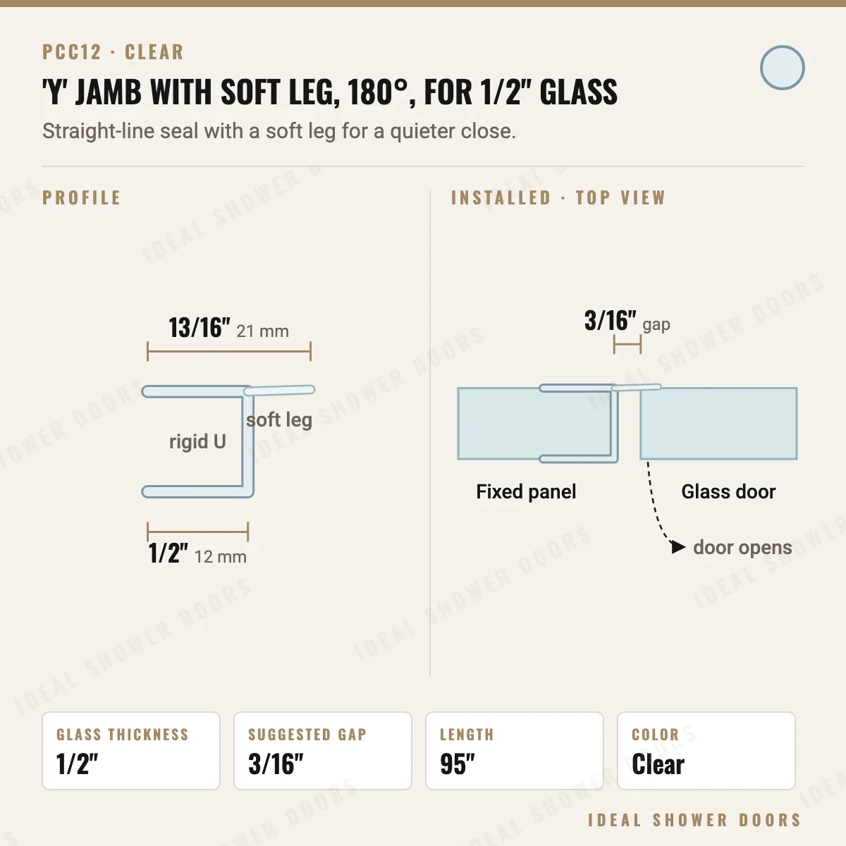 CRL PCC12 'Y' Jamb with Soft Leg, 180°, for 1/2" Glass drawing