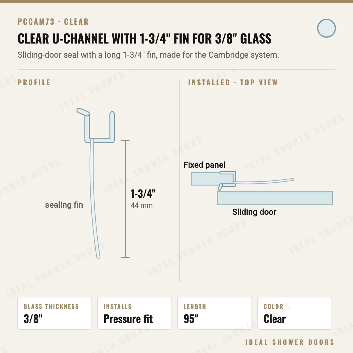 CRL PCCAM73 Clear U-Channel with 1-3/4" Fin for 3/8" Glass drawing