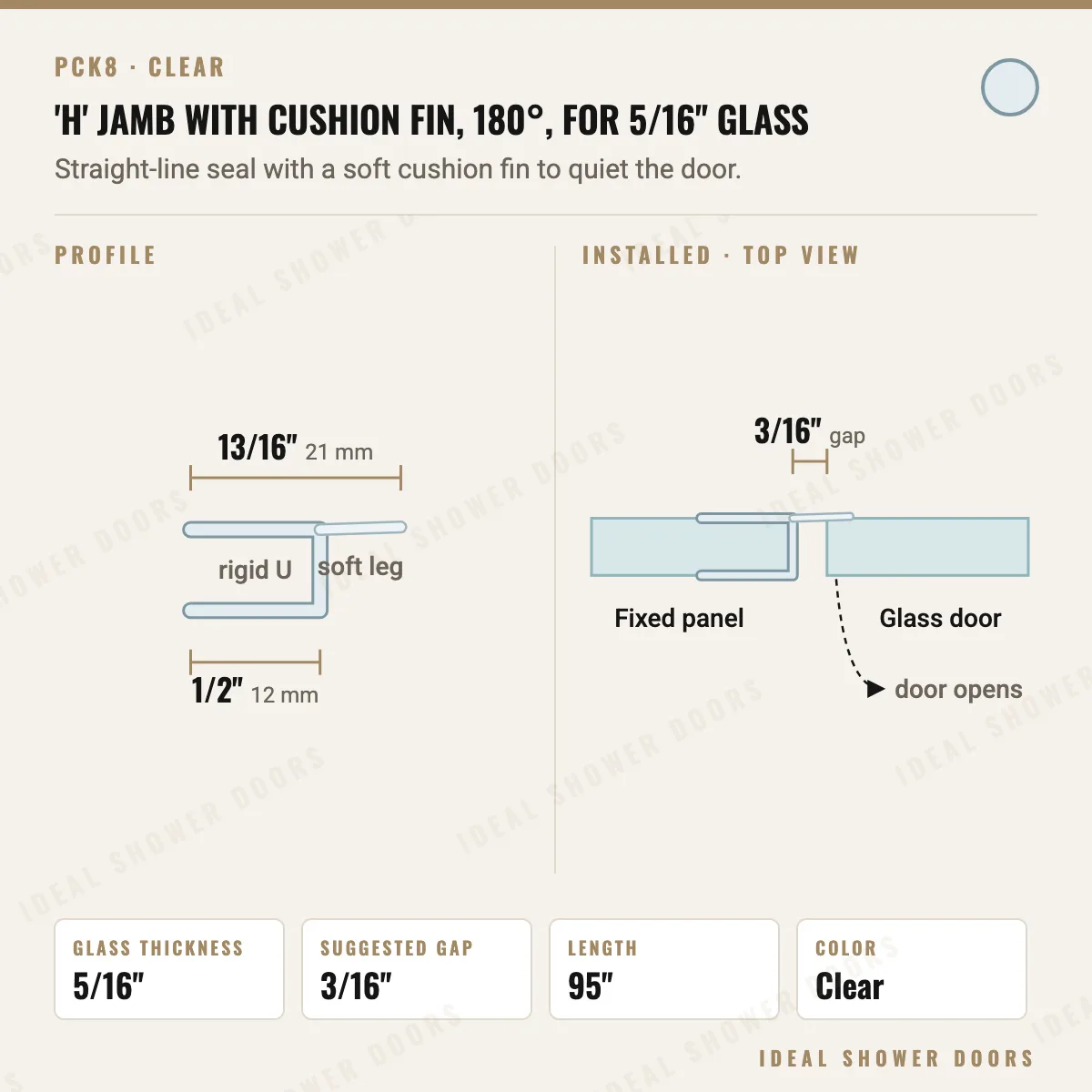 CRL PCK8 'H' Jamb with Cushion Fin, 180°, for 5/16" Glass drawing
