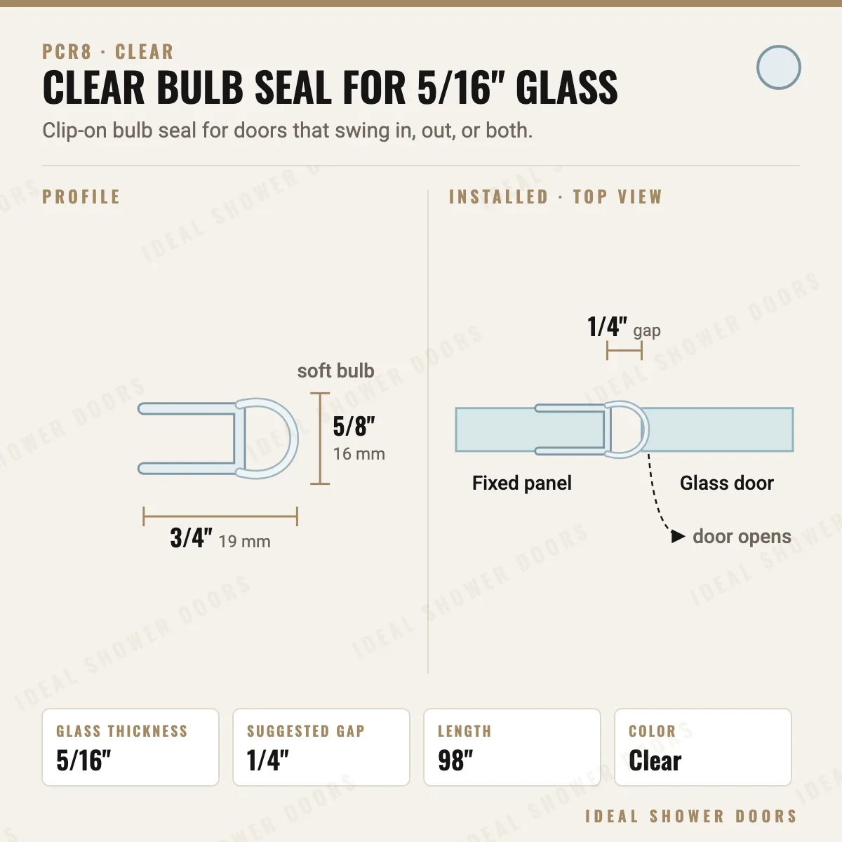 CRL PCR8 Clear Bulb Seal for 5/16" Glass drawing