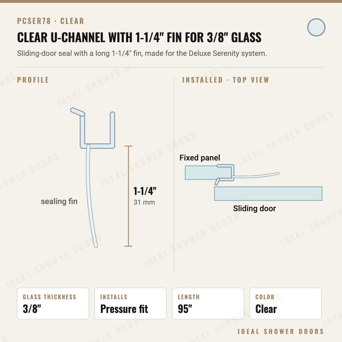CRL PCSER78 Clear U-Channel with 1-1/4" Fin for 3/8" Glass drawing