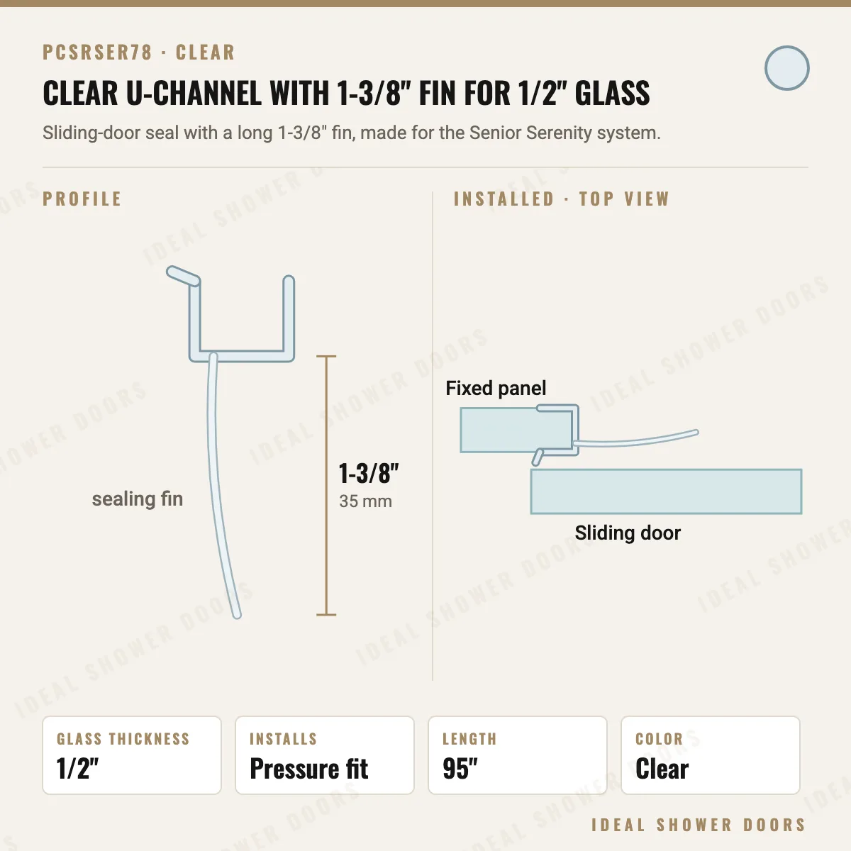 CRL PCSRSER78 Clear U-Channel with 1-3/8" Fin for 1/2" Glass drawing