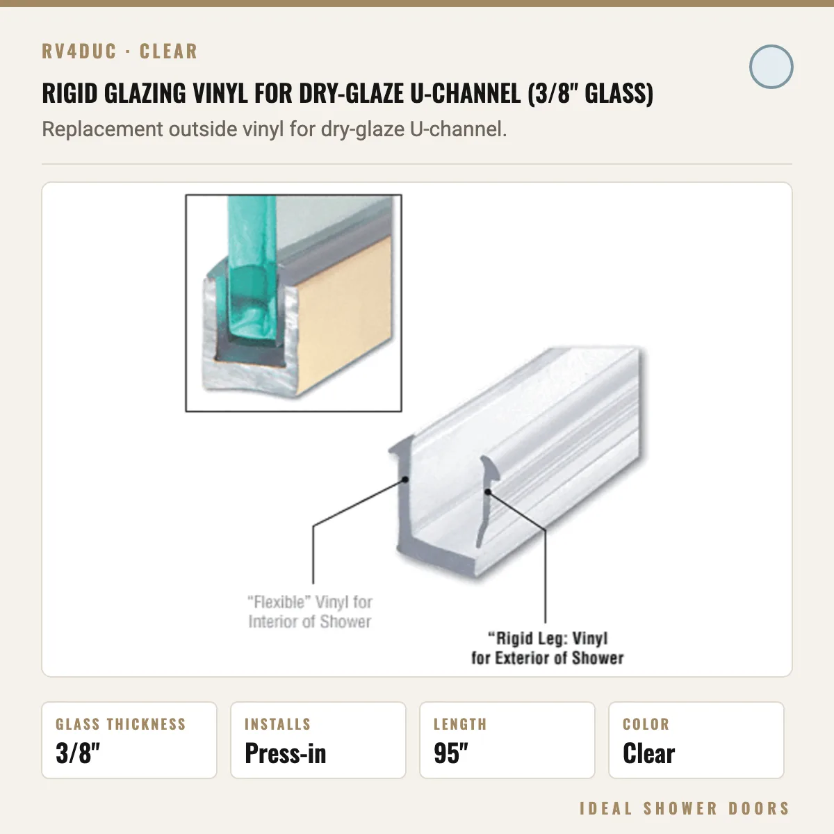 CRL RV4DUC Rigid Glazing Vinyl for Dry-Glaze U-Channel (3/8" Glass) drawing
