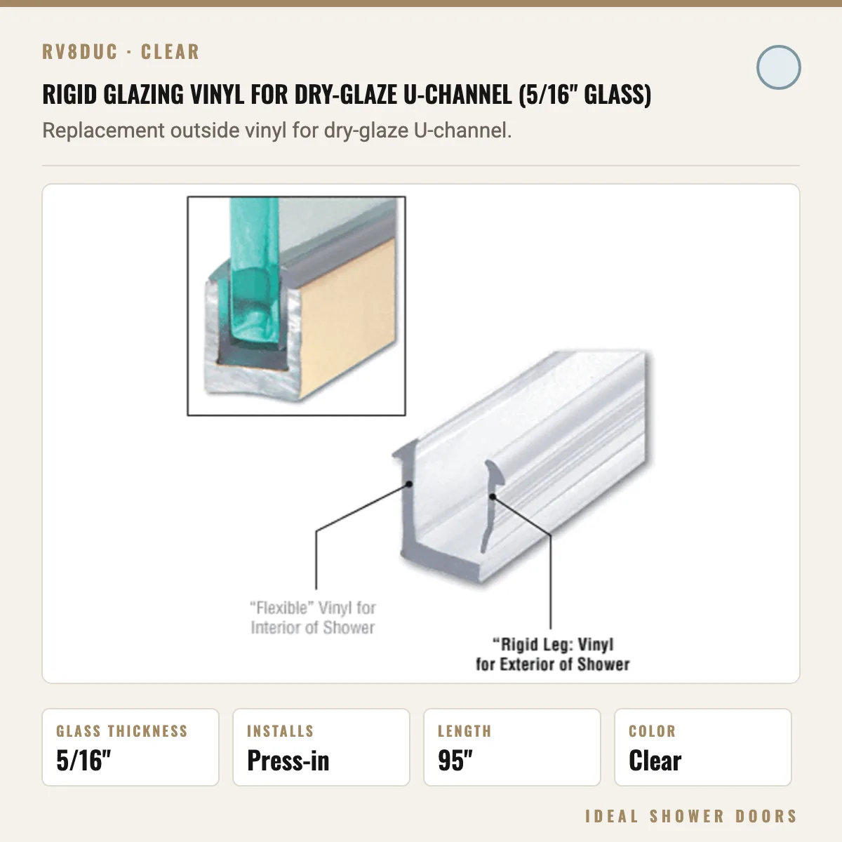 CRL RV8DUC Rigid Glazing Vinyl for Dry-Glaze U-Channel (5/16" Glass) drawing