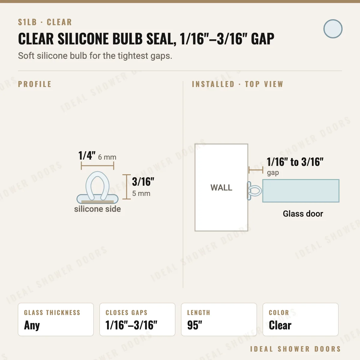 CRL S1LB Clear Silicone Bulb Seal, 1/16"–3/16" Gap drawing