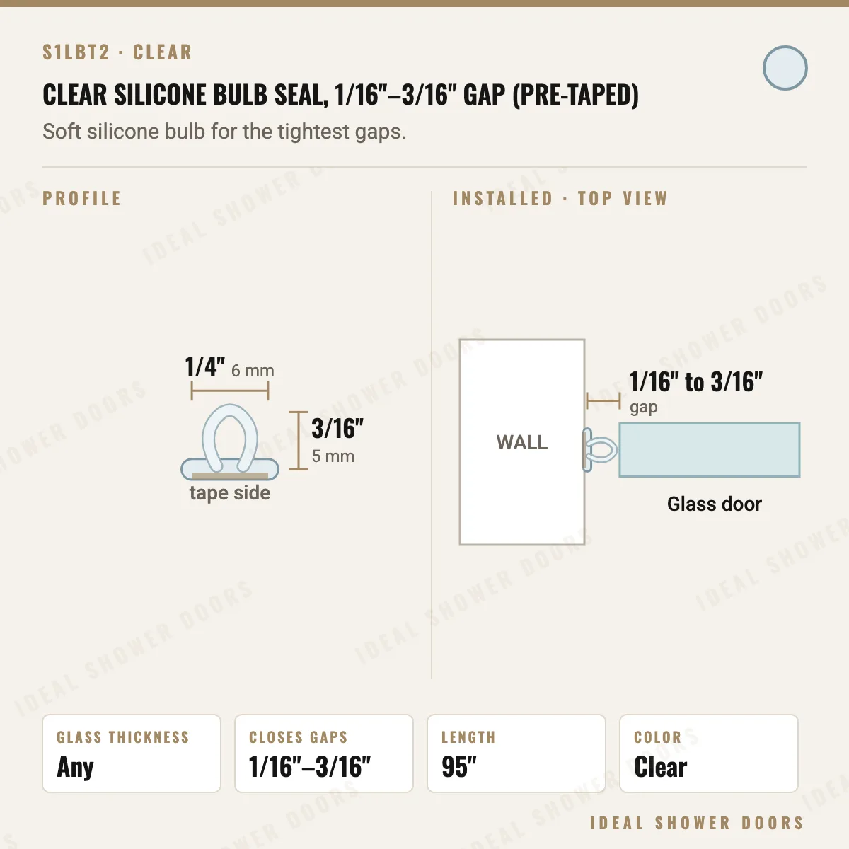 CRL S1LBT2 Clear Silicone Bulb Seal, 1/16"–3/16" Gap (Pre-Taped) drawing