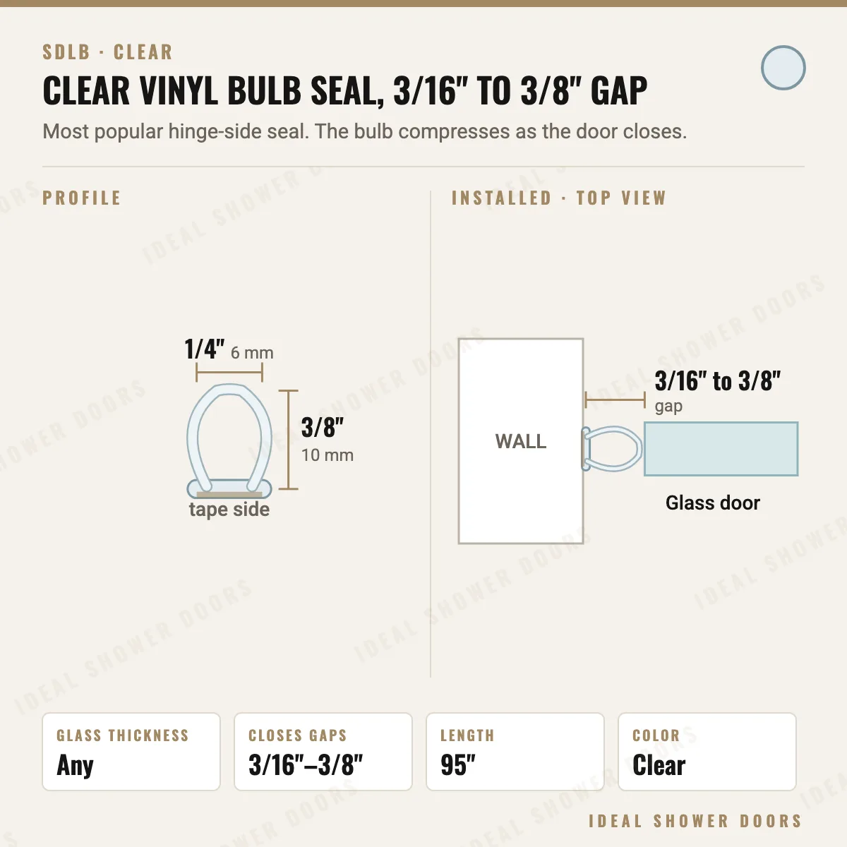 CRL SDLB Clear Vinyl Bulb Seal, 3/16" to 3/8" Gap drawing