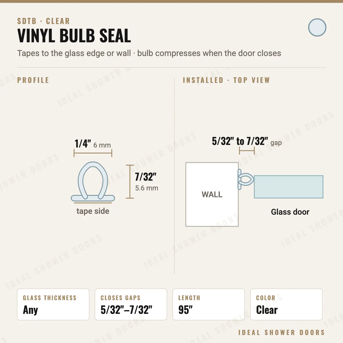 CRL SDTB Clear Vinyl Bulb Seal, 5/32" to 7/32" Gap drawing