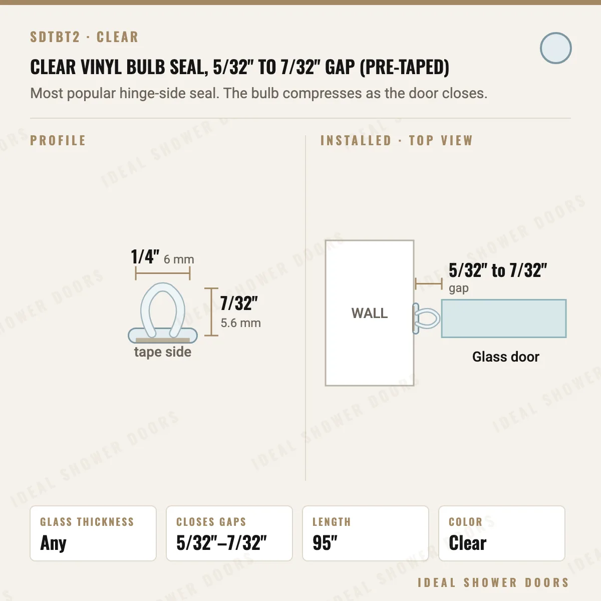 CRL SDTBT2 Clear Vinyl Bulb Seal, 5/32" to 7/32" Gap (Pre-Taped) drawing