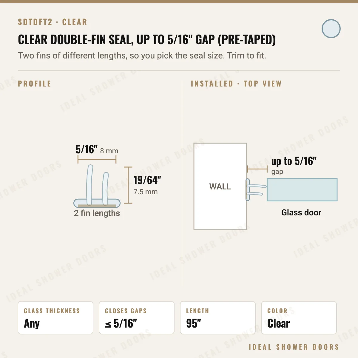 CRL SDTDFT2 Clear Double-Fin Seal, up to 5/16" Gap (Pre-Taped) profile and installed drawing