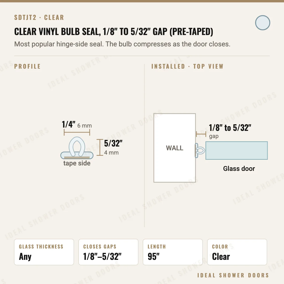 CRL SDTJT2 Clear Vinyl Bulb Seal, 1/8" to 5/32" Gap (Pre-Taped) drawing