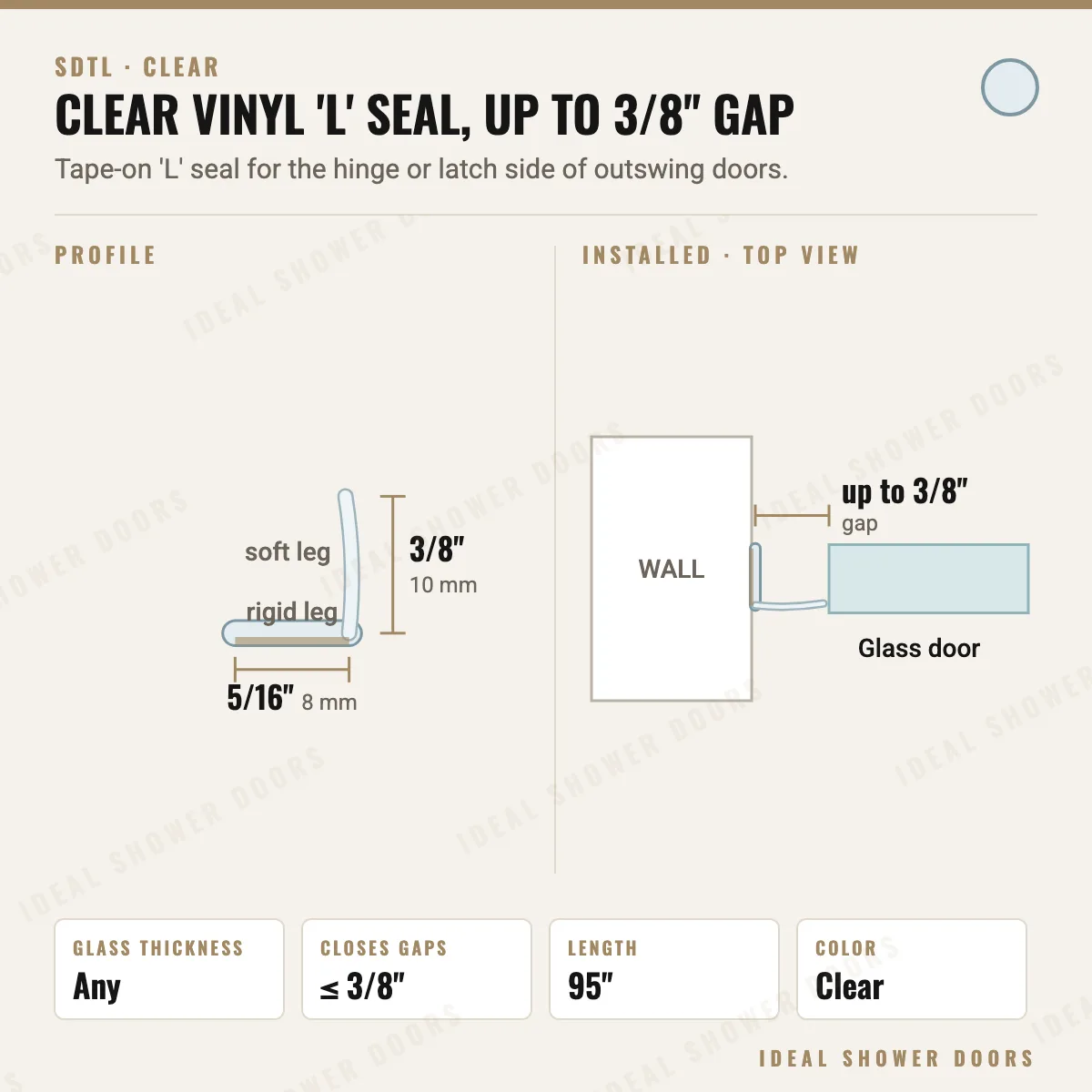 CRL SDTL Clear Vinyl 'L' Seal, up to 3/8" Gap drawing