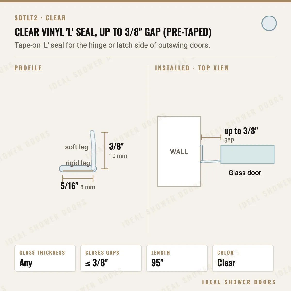 CRL SDTLT2 Clear Vinyl 'L' Seal, up to 3/8" Gap (Pre-Taped) drawing